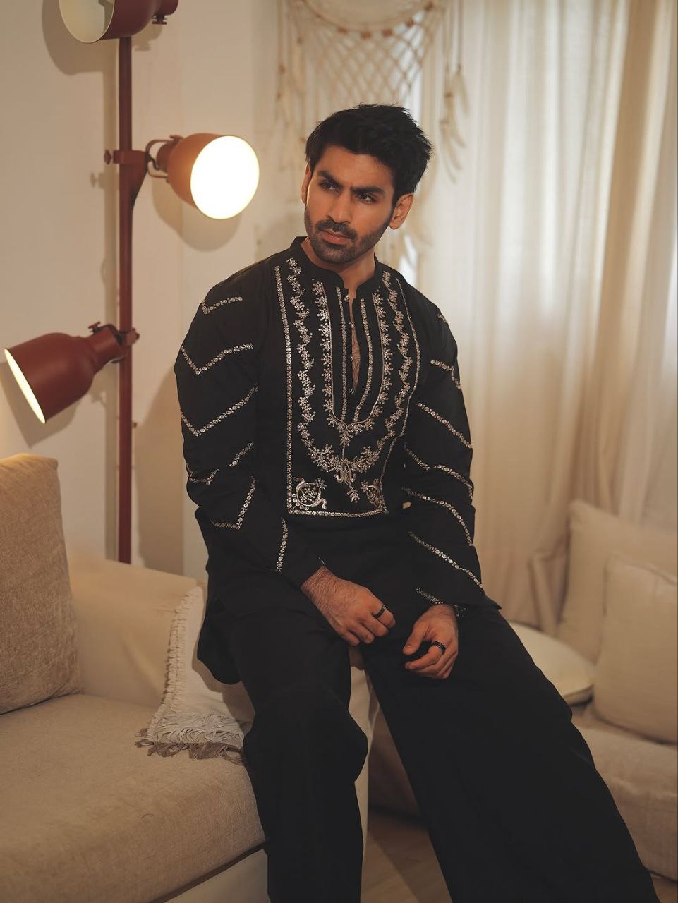 Black Havy Sequence Embroidered Kurta with payjama