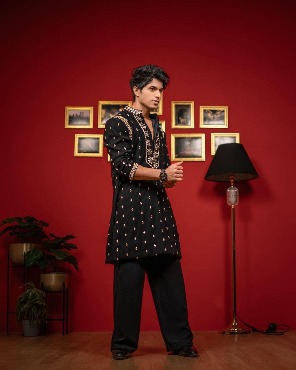 The Classic Black Mirror Embroidered Work Mem's Kurta Set