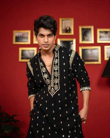 The Classic Black Mirror Embroidered Work Mem's Kurta Set
