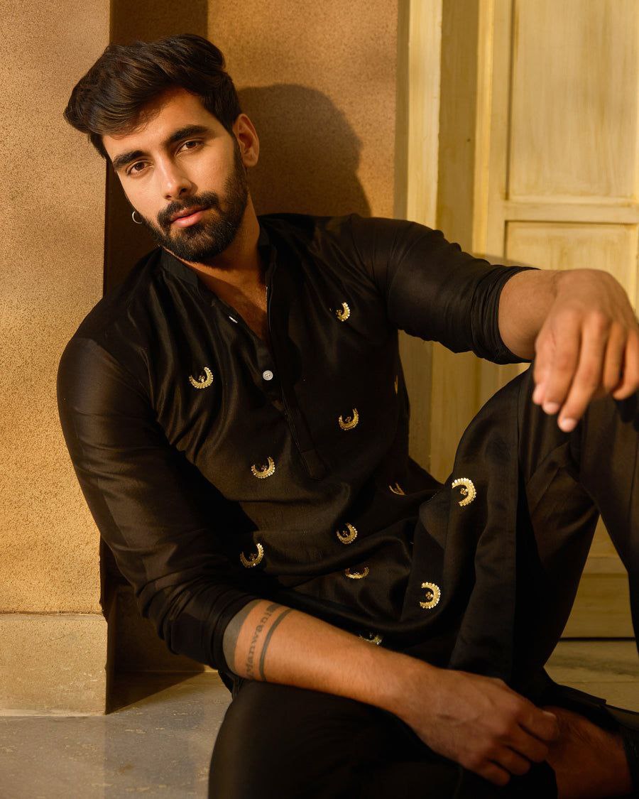 Black Raw Silk Kurta with Golden Motif Work