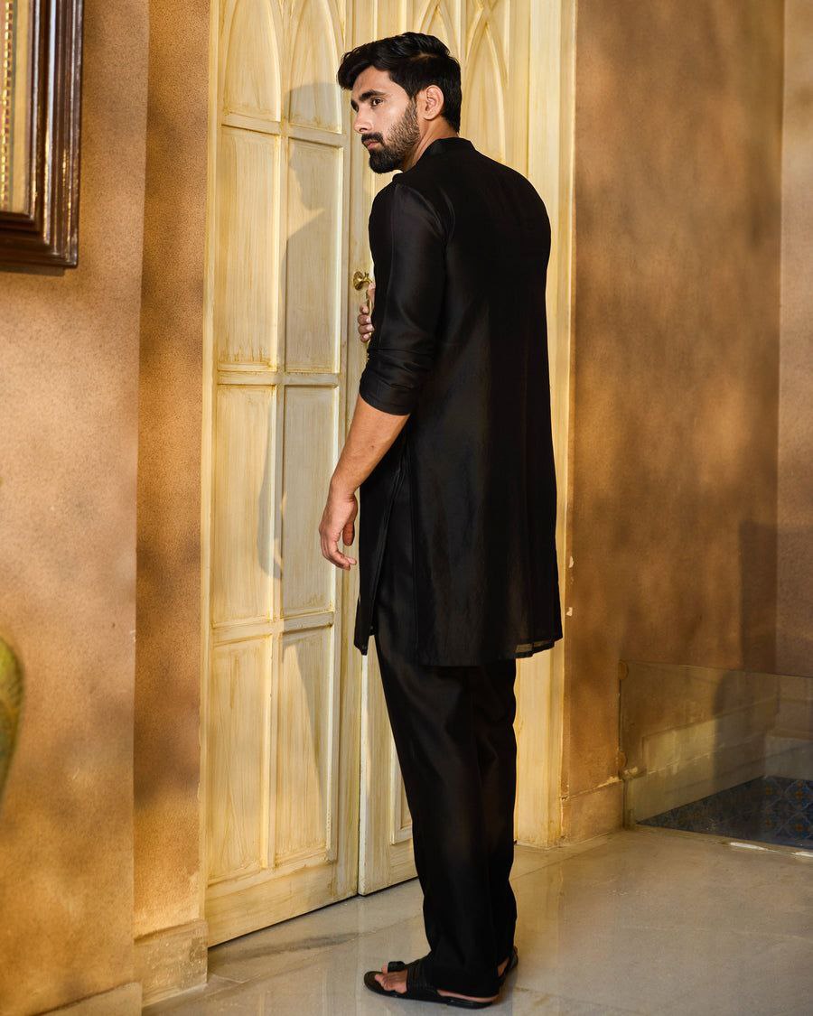 Black Raw Silk Kurta with Golden Motif Work