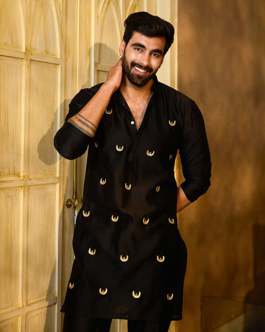 Black Raw Silk Kurta with Golden Motif Work