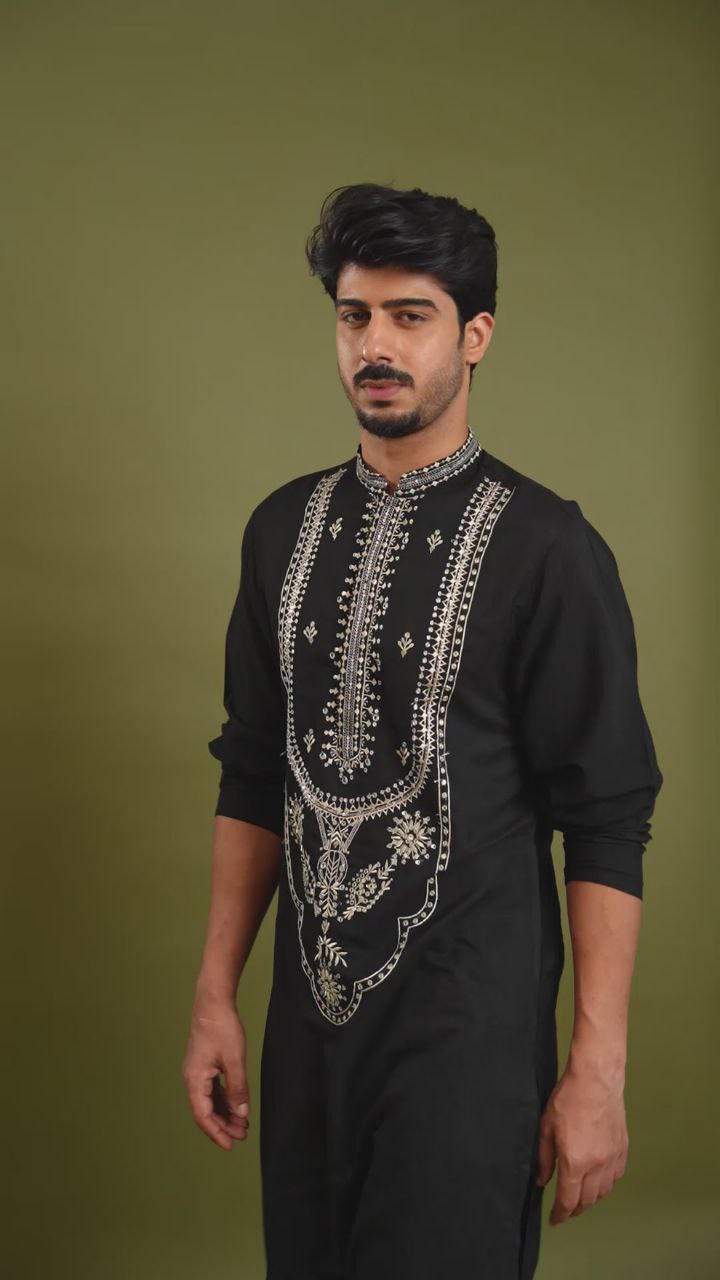 Black Art Silk Embroidery Men's Kurta Se