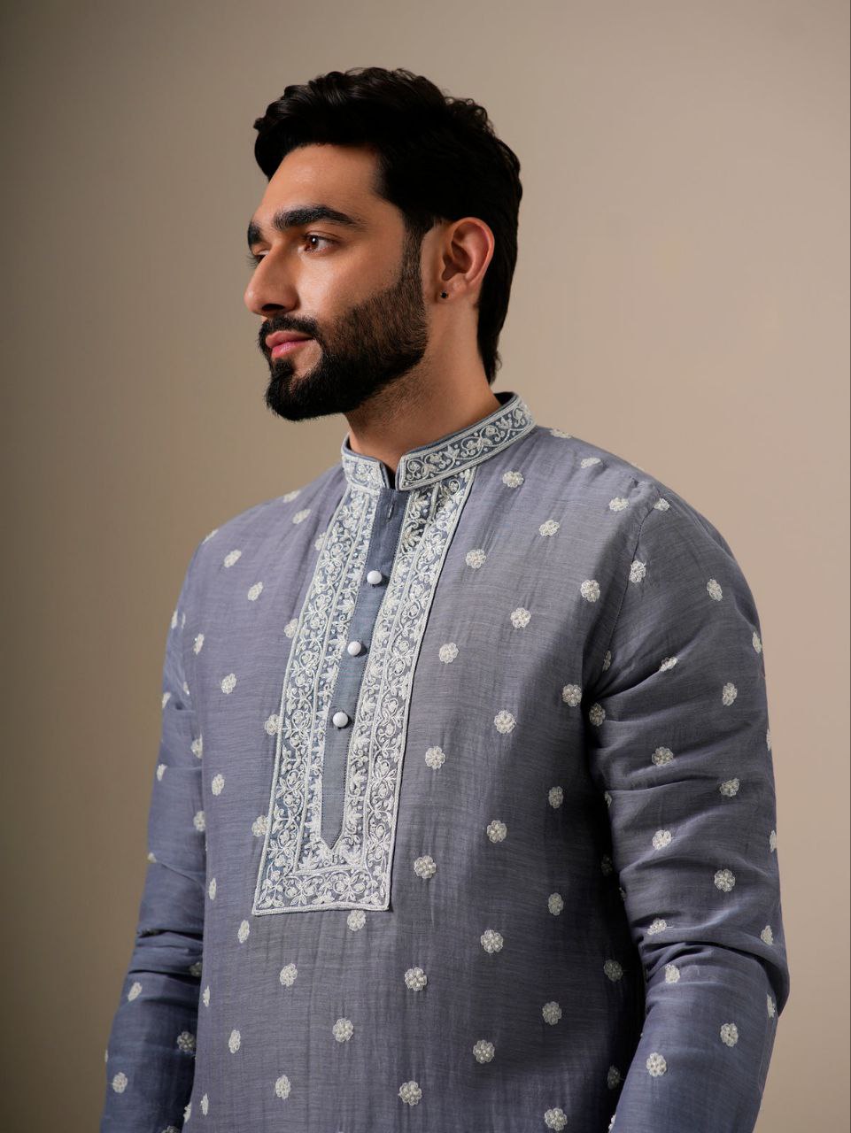 Grey Embroidered Men's Kurta Pyjama Set
