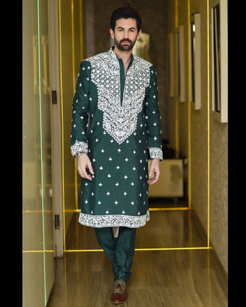 Deep Green Silk Kurta with Resham Work