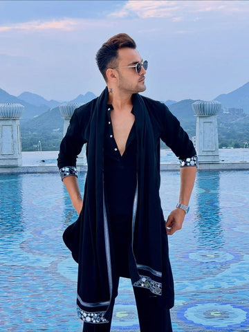 Black Indo-Western Kurta Ensemble with Embellished Stole