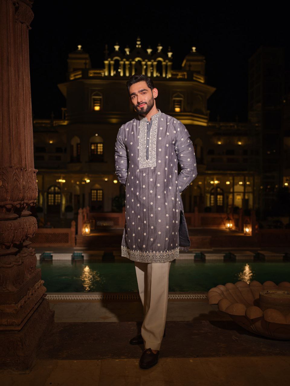 Grey Embroidered Men's Kurta Pyjama Set