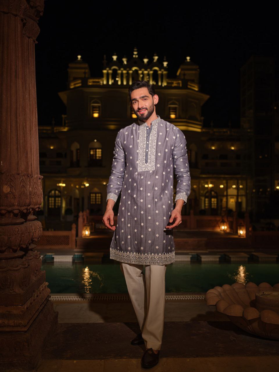 Grey Embroidered Men's Kurta Pyjama Set