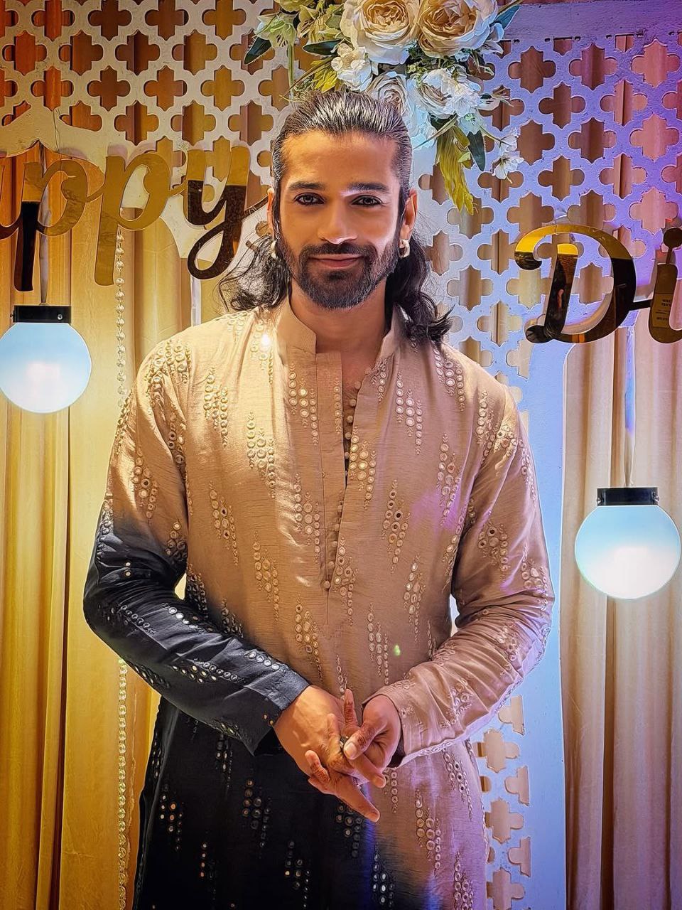 Beige & Navy Ombre Mirror Work Kurta