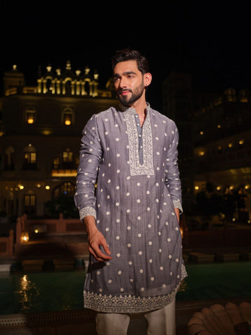 Grey Embroidered Men's Kurta Pyjama Set