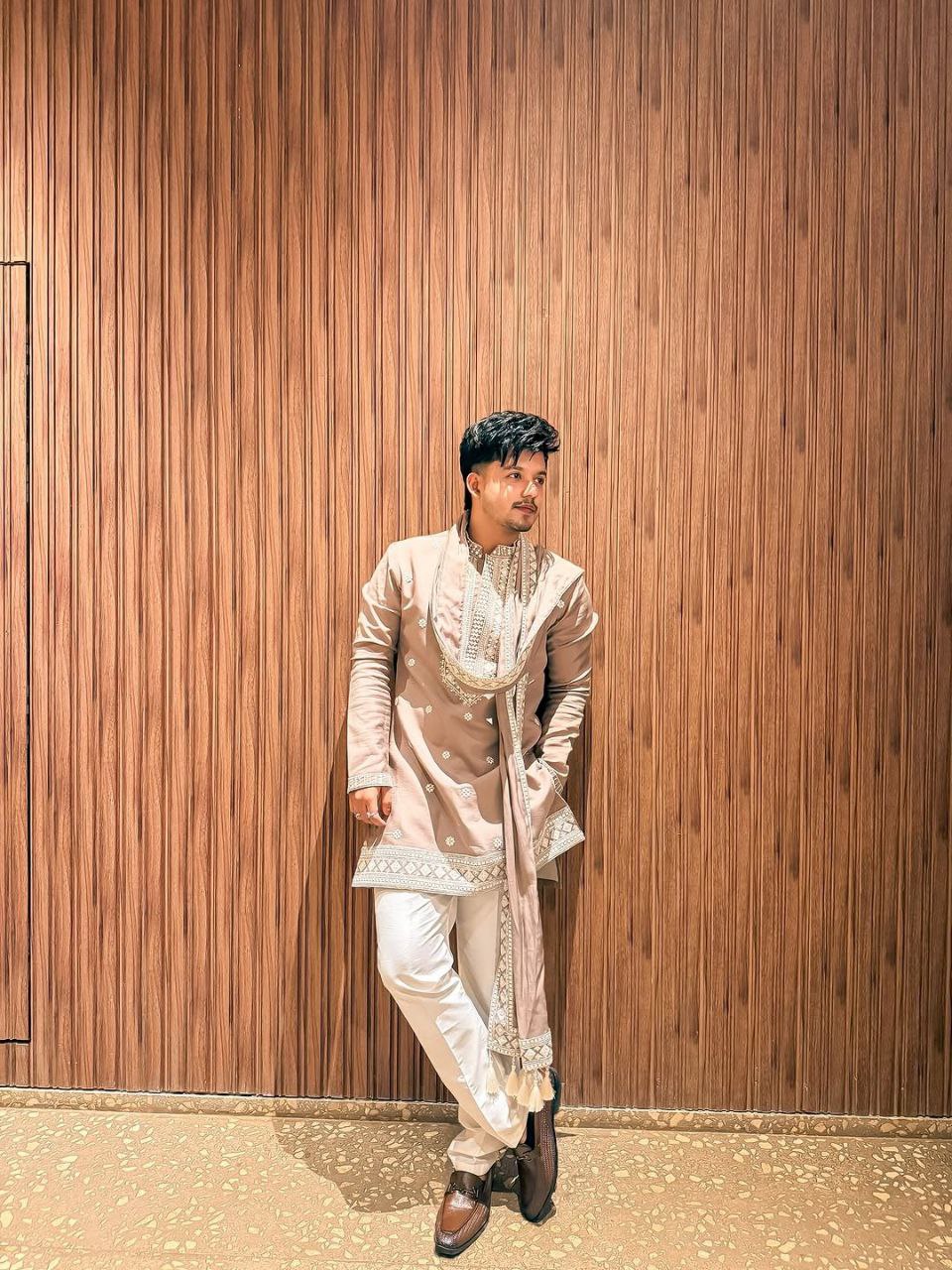 Riyaz Beige Embroidered Kurta Pyjama with Stole