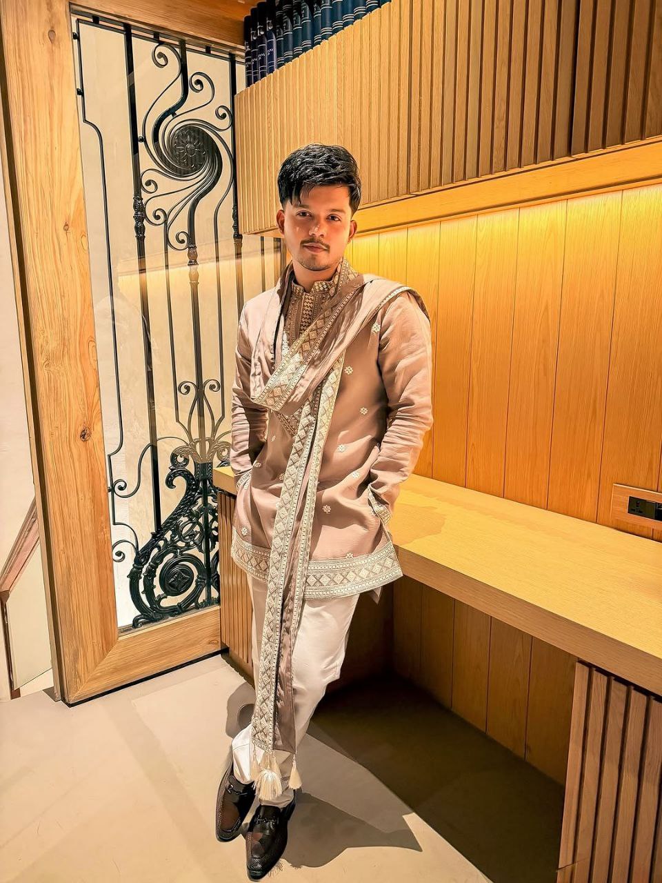 Riyaz Beige Embroidered Kurta Pyjama with Stole