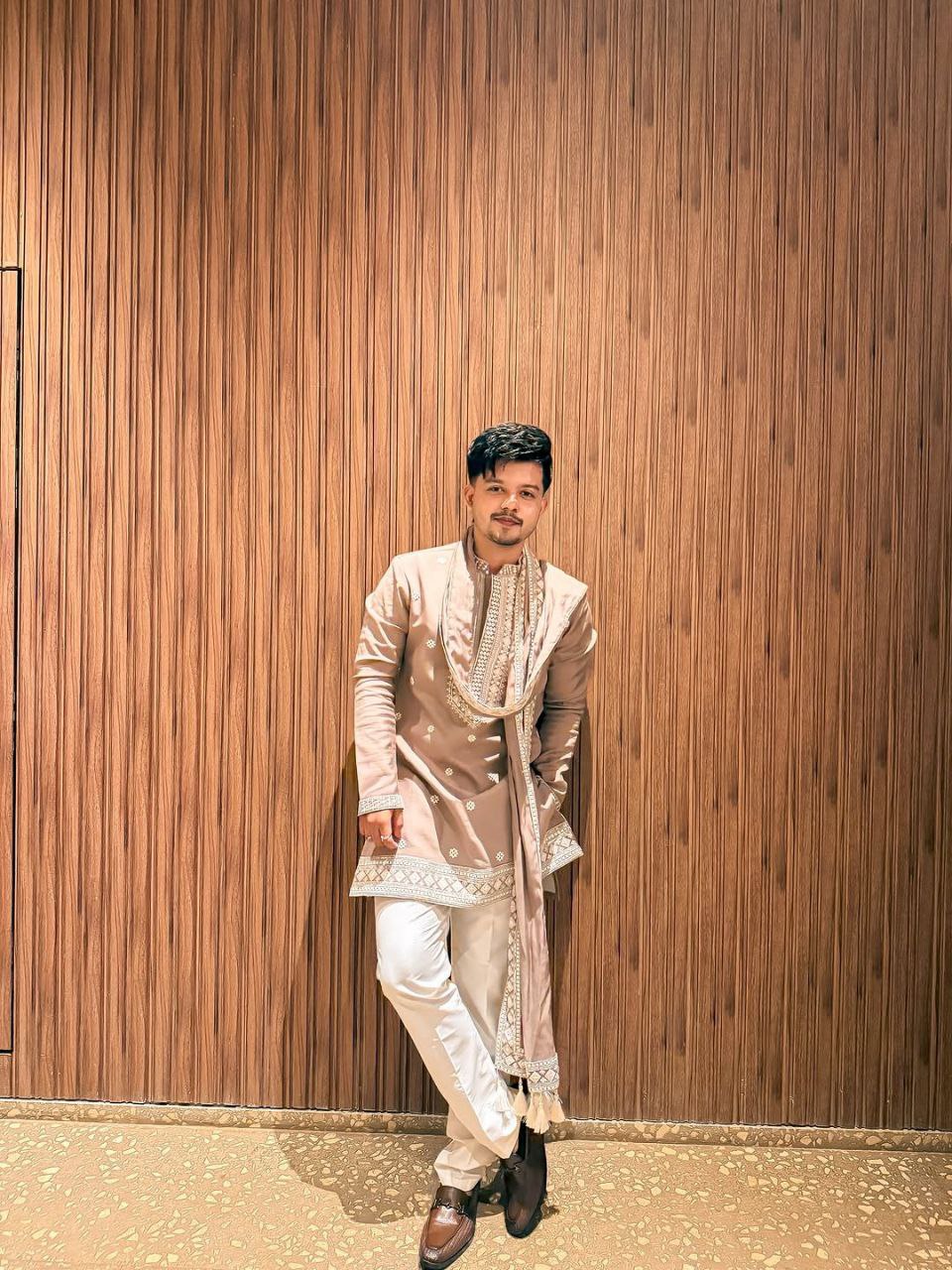 Riyaz Beige Embroidered Kurta Pyjama with Stole