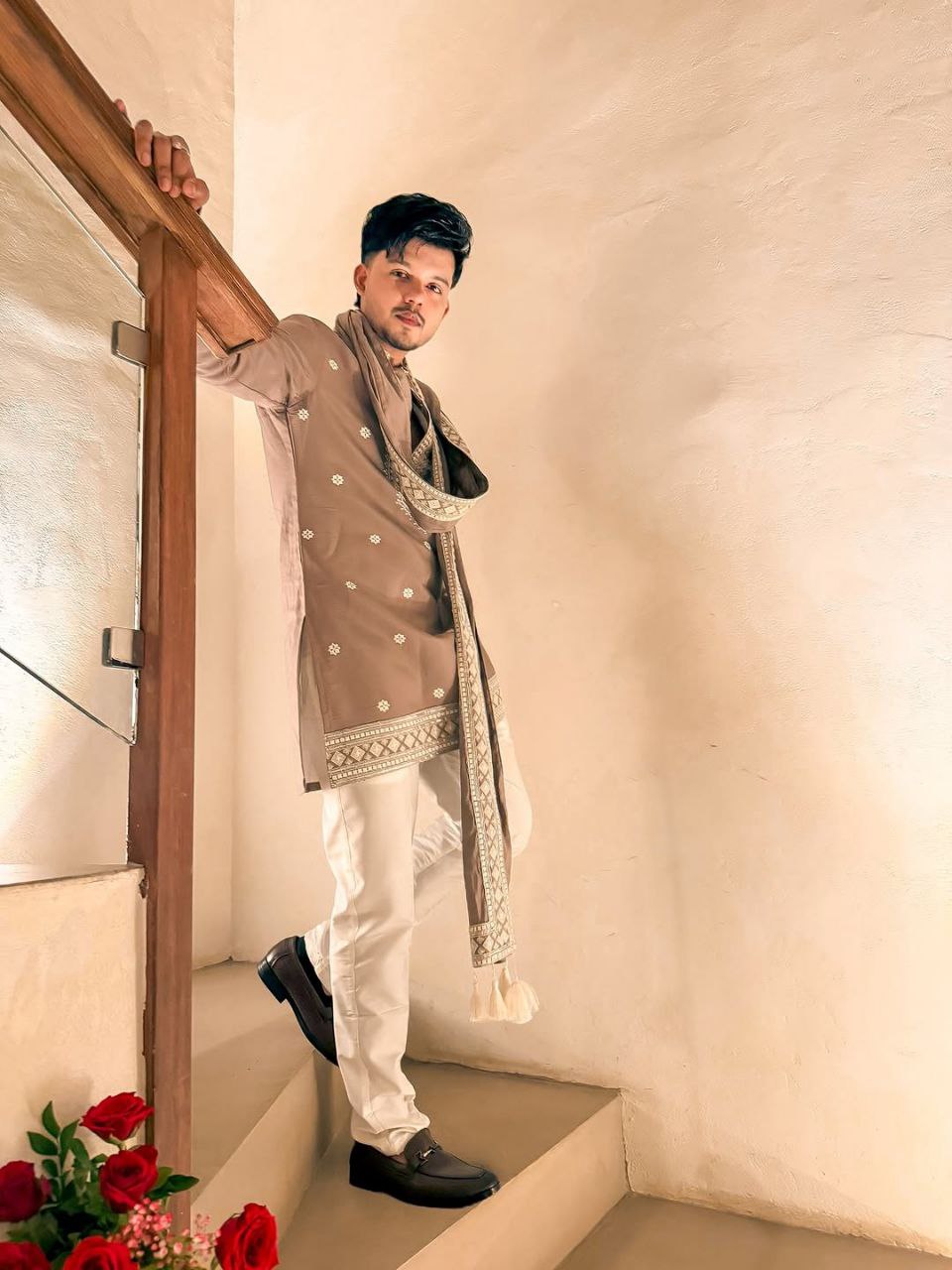 Riyaz Beige Embroidered Kurta Pyjama with Stole