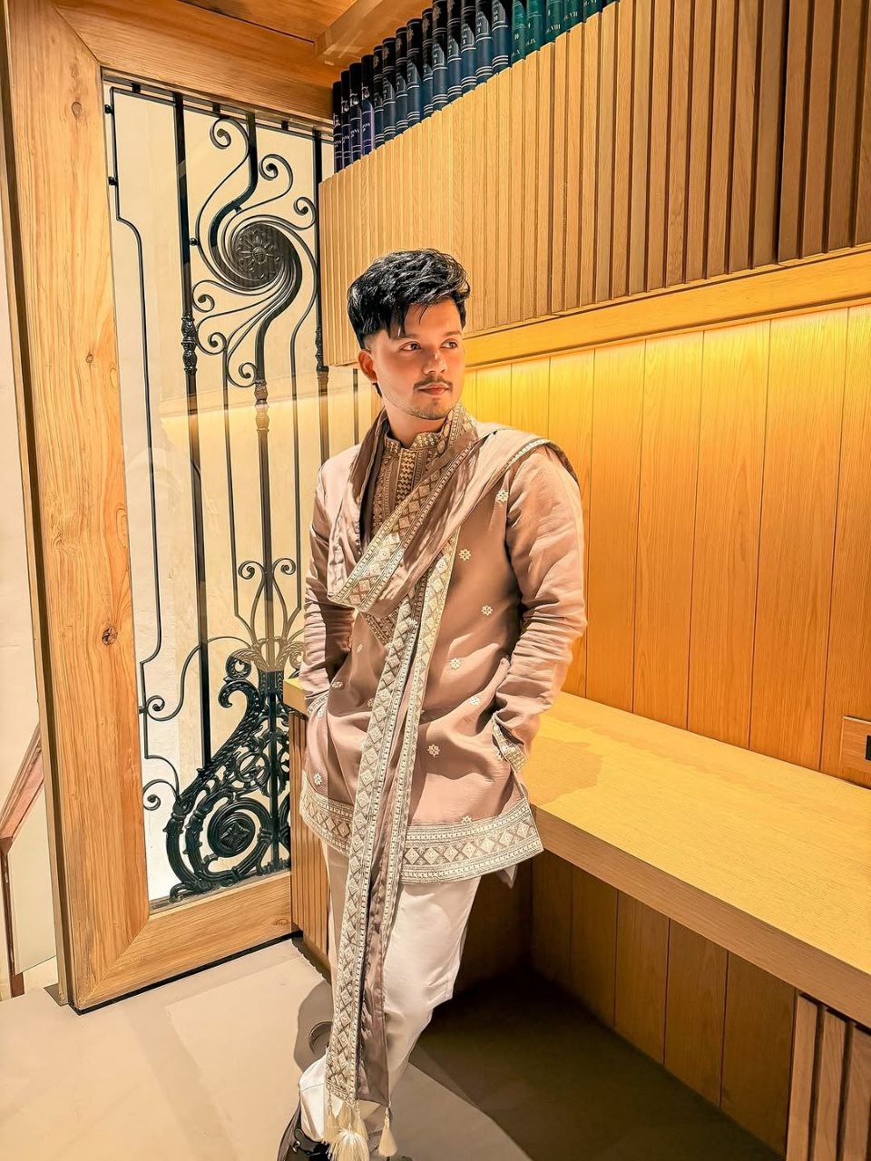 Riyaz Beige Embroidered Kurta Pyjama with Stole